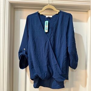 BEACON APPAREL Allan Surplice Rolltab High Low Blouse - Blue - L